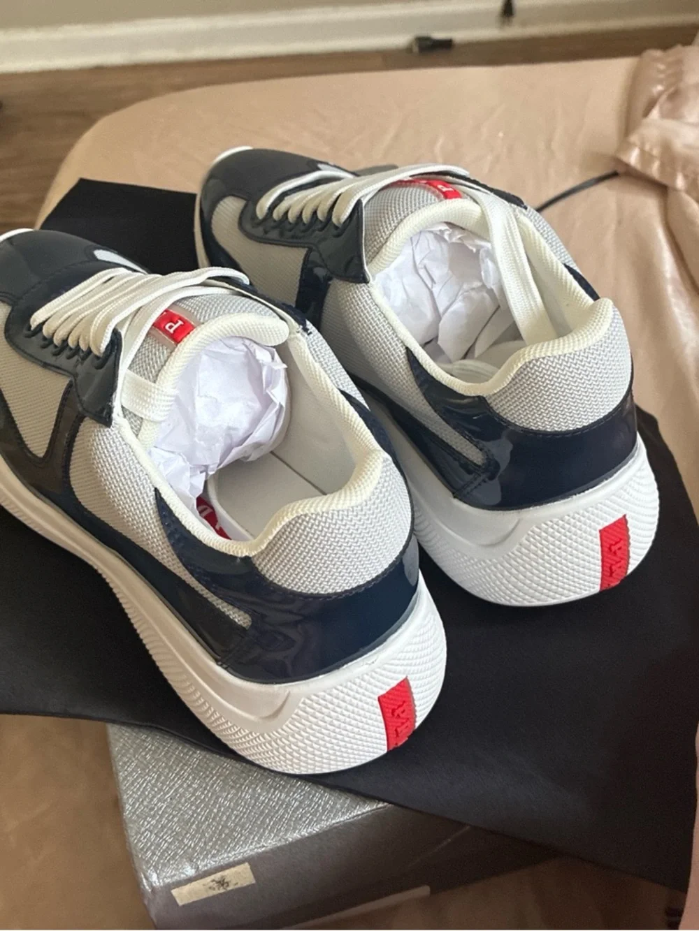 Prada navy blue & White Mesh Runner Sneakers - Picture 3 of 6